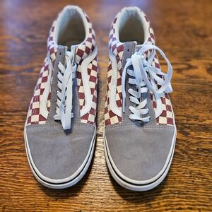 Vans Old Skool Burgundy Checkerboard Grey Suede Low Top Sneakers Mens 10.5